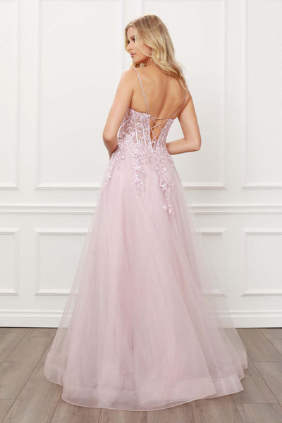 A-LINE GOWN WITH GLITTER V NECK SPAGHETTI STRAPS